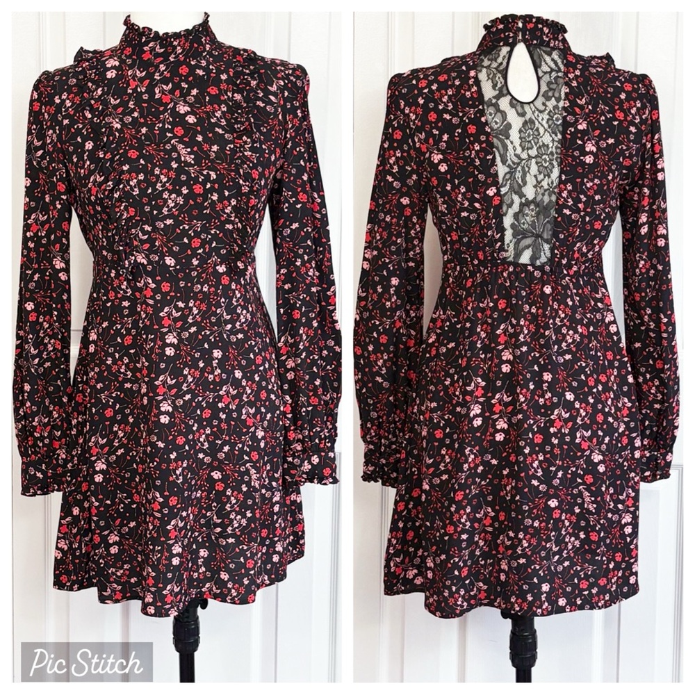 Express Black & Red Floral Ruffle High Neck Lace Inset Mini Dress 4